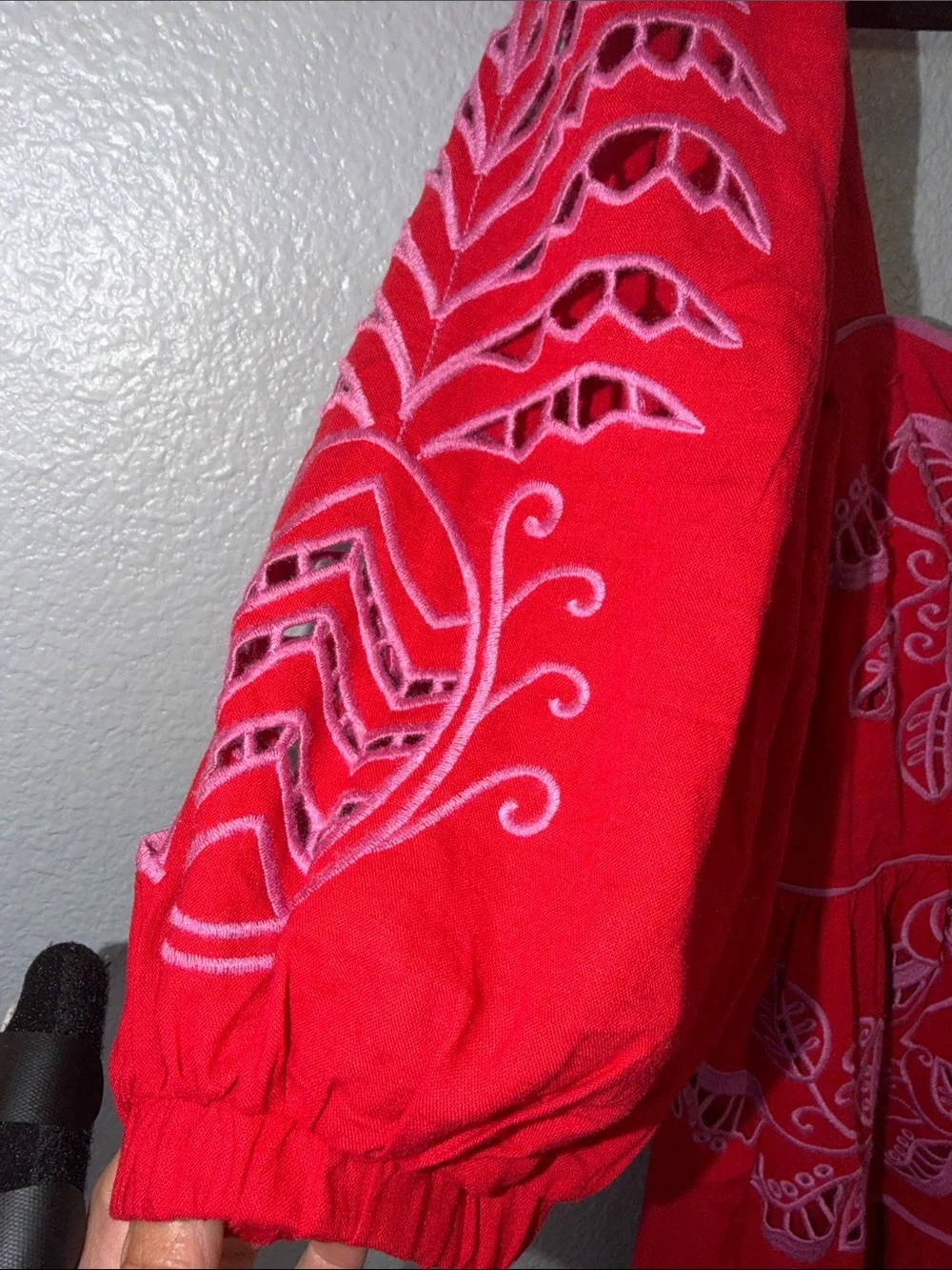 Farm Rio- Red Palm Tree Embroidered Puff-Sleeve-Midi Dress - Picture 5 of 12
